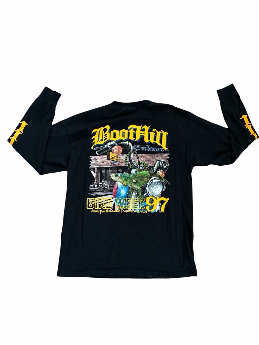 Vintage 90s Boot Hill Saloon Long Sleeve Pocket T-Shirt XL USA Made Black